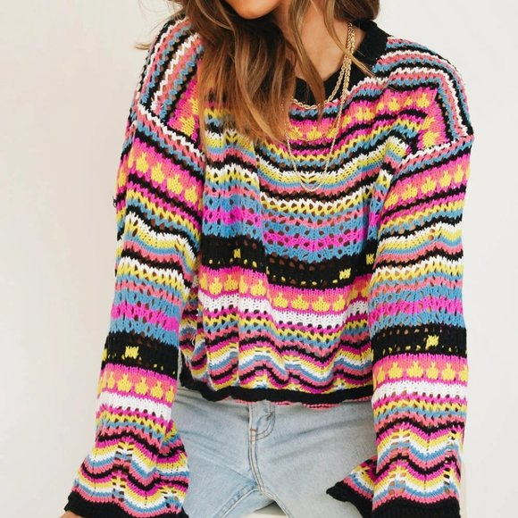 2023 patchwork knitted sweater intercolor crewneck striped sweater women - Picture 2 of 2